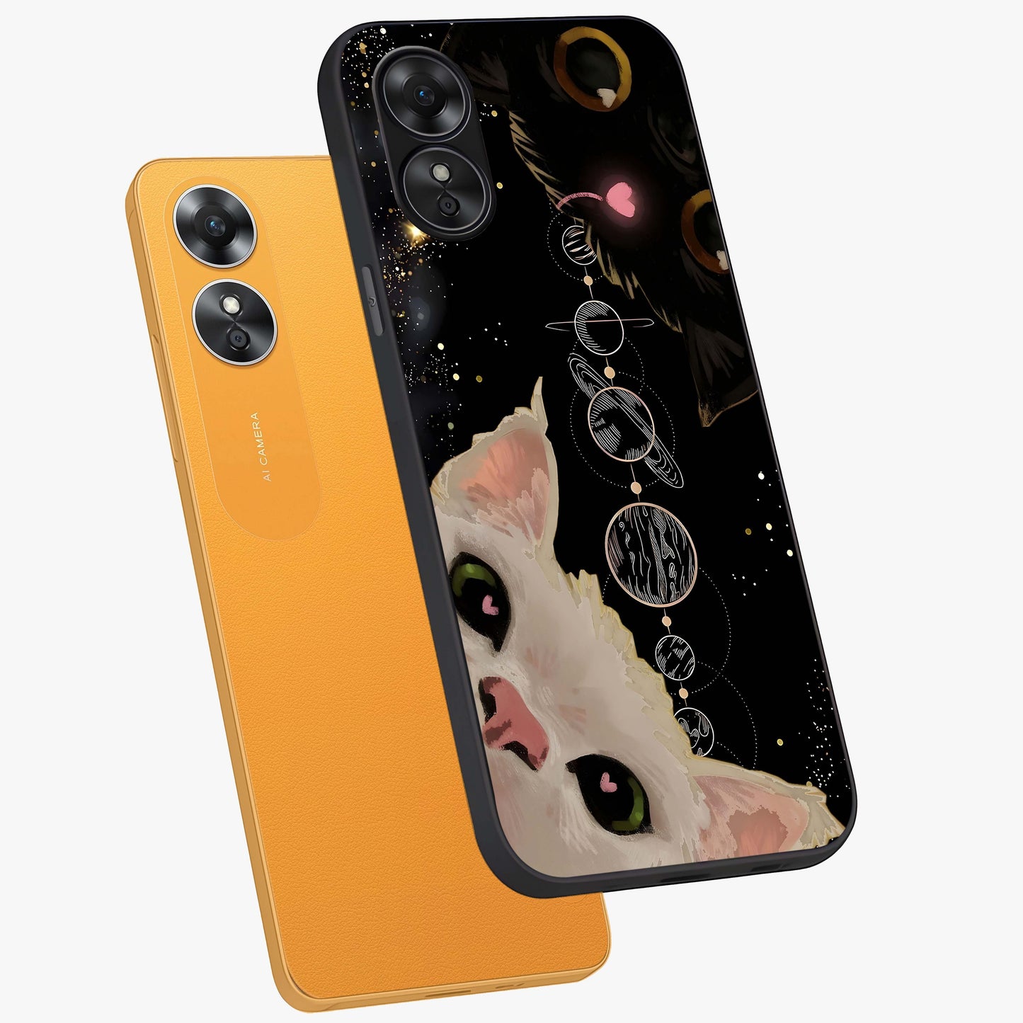 Galactic Cat Glass Case displayed in angled mockup highlighting celestial feline illustration with galaxy aesthetic style.