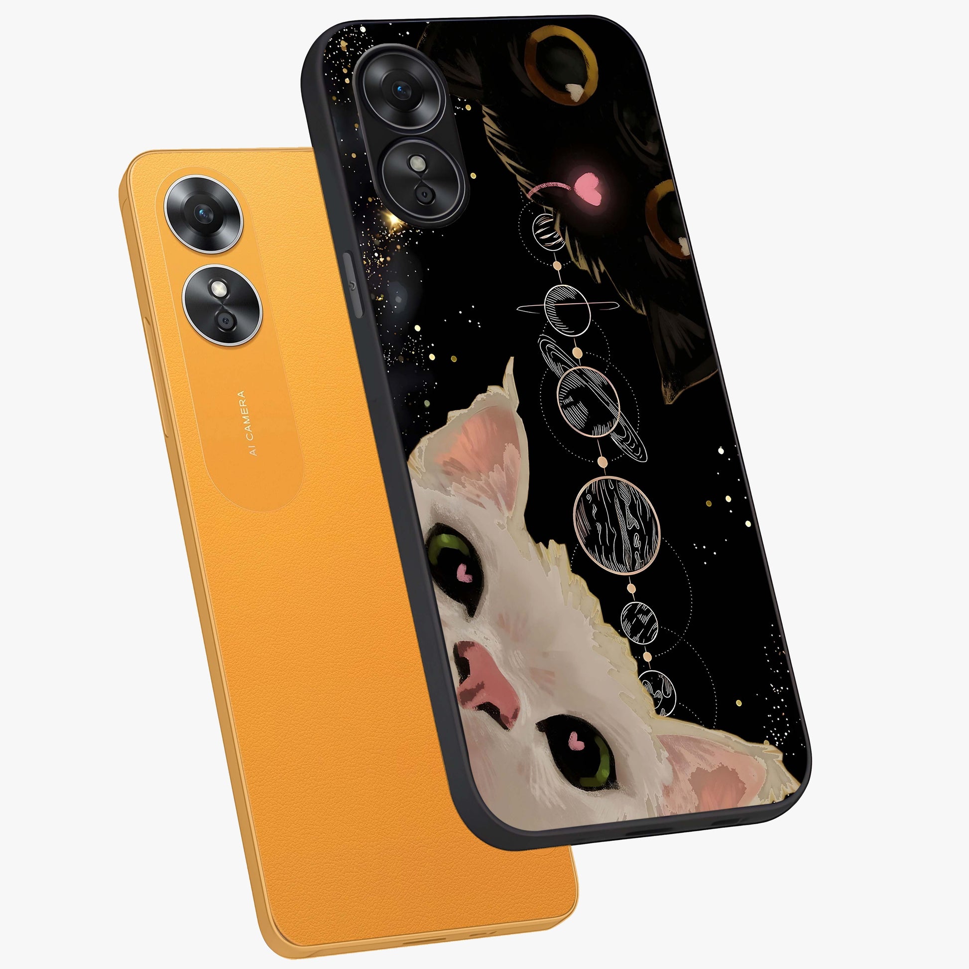 Galactic Cat Glass Case displayed in angled mockup highlighting celestial feline illustration with galaxy aesthetic style.