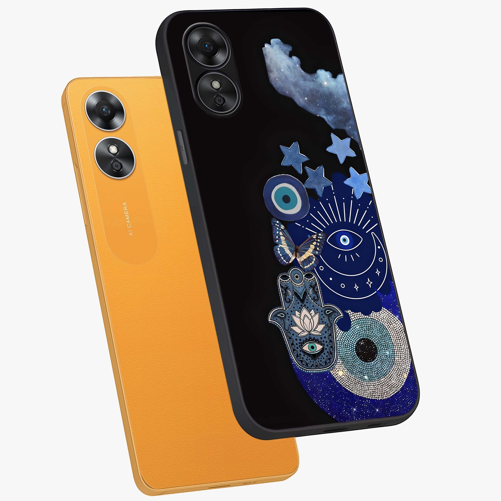 Galactic Charm Cluster Glass Case displayed in angled mockup highlighting luminous galaxy inspired design with dreamy aesthetic.