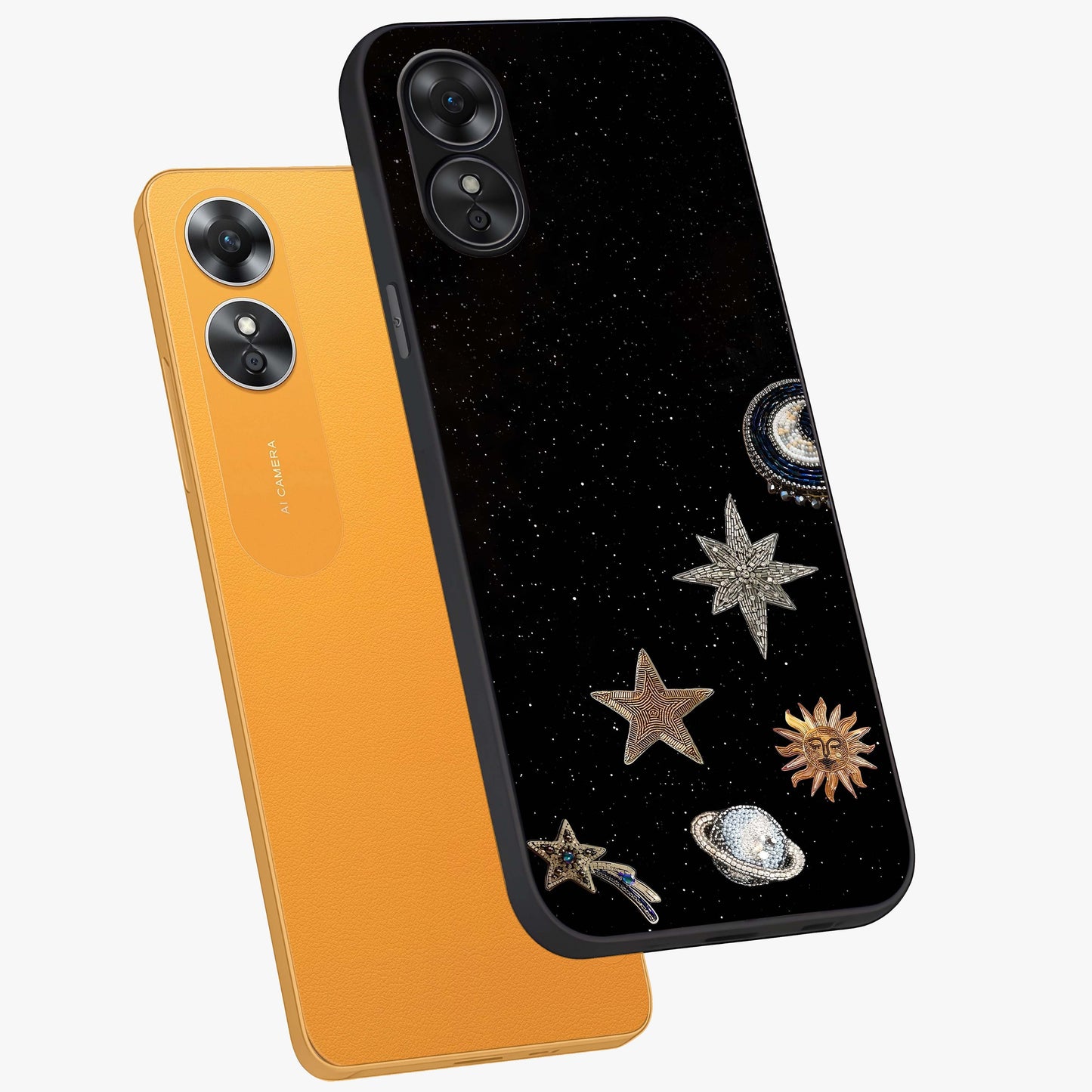 Galactic Charm Glow Glass Case displayed in angled mockup highlighting luminous galaxy inspired design with dreamy aesthetic.