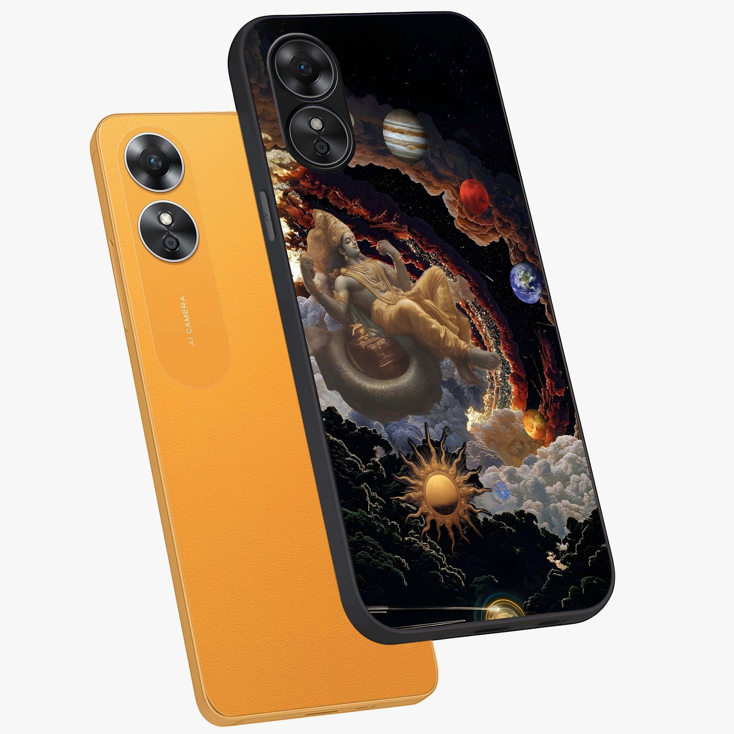 Galactic Divine God Glass Case displayed in angled mockup highlighting powerful celestial deity illustration with galactic aesthetic.