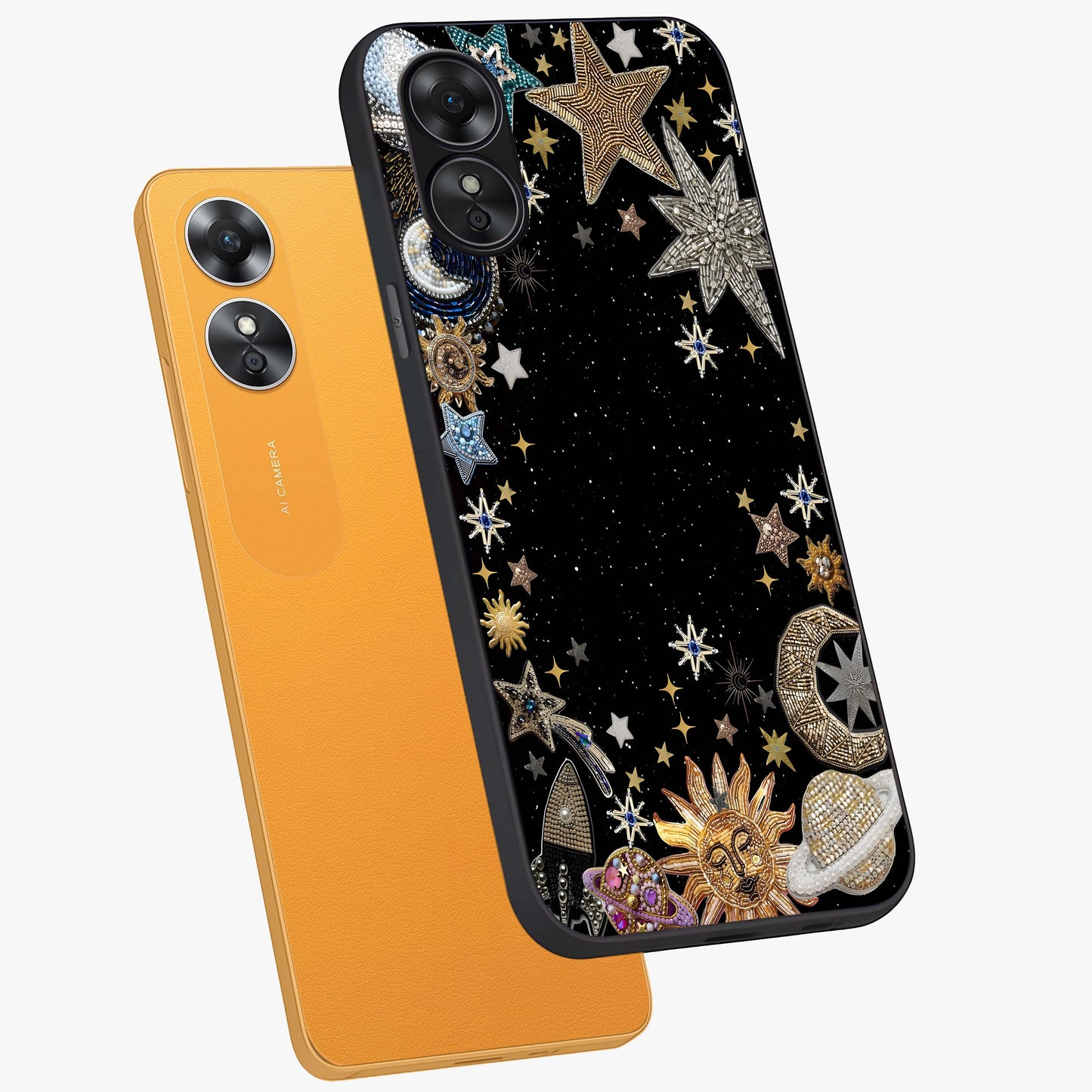 Galactic Jewel Stars Glass Case displayed in angled mockup highlighting shining celestial star design with cosmic aesthetic style.