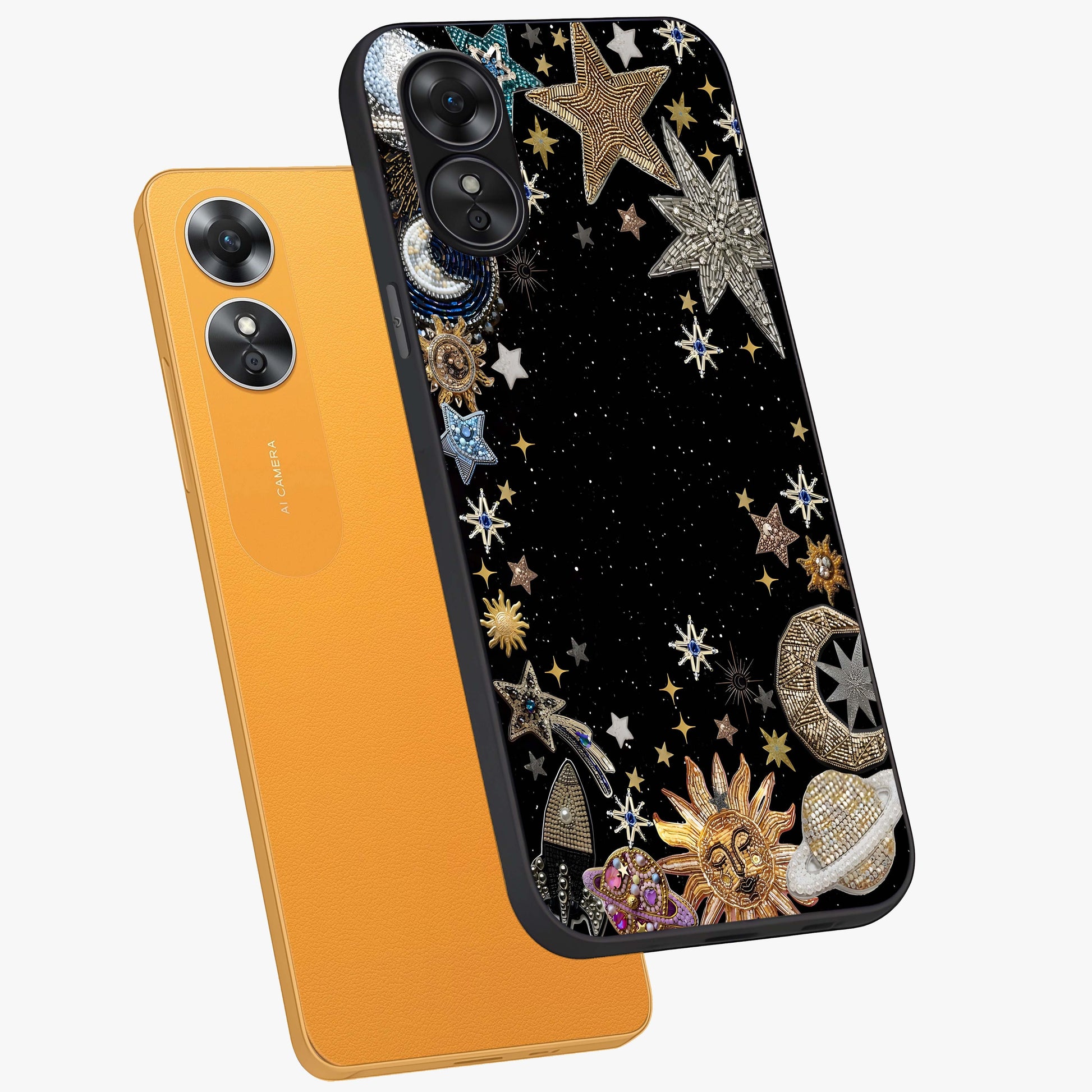 Galactic Jewel Stars Glass Case displayed in angled mockup highlighting shining celestial star design with cosmic aesthetic style.