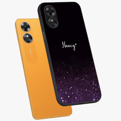 Glittery Purple Bokeh Custom Name Glass Case displayed in angled mockup highlighting glitter bokeh pattern with custom name feature.