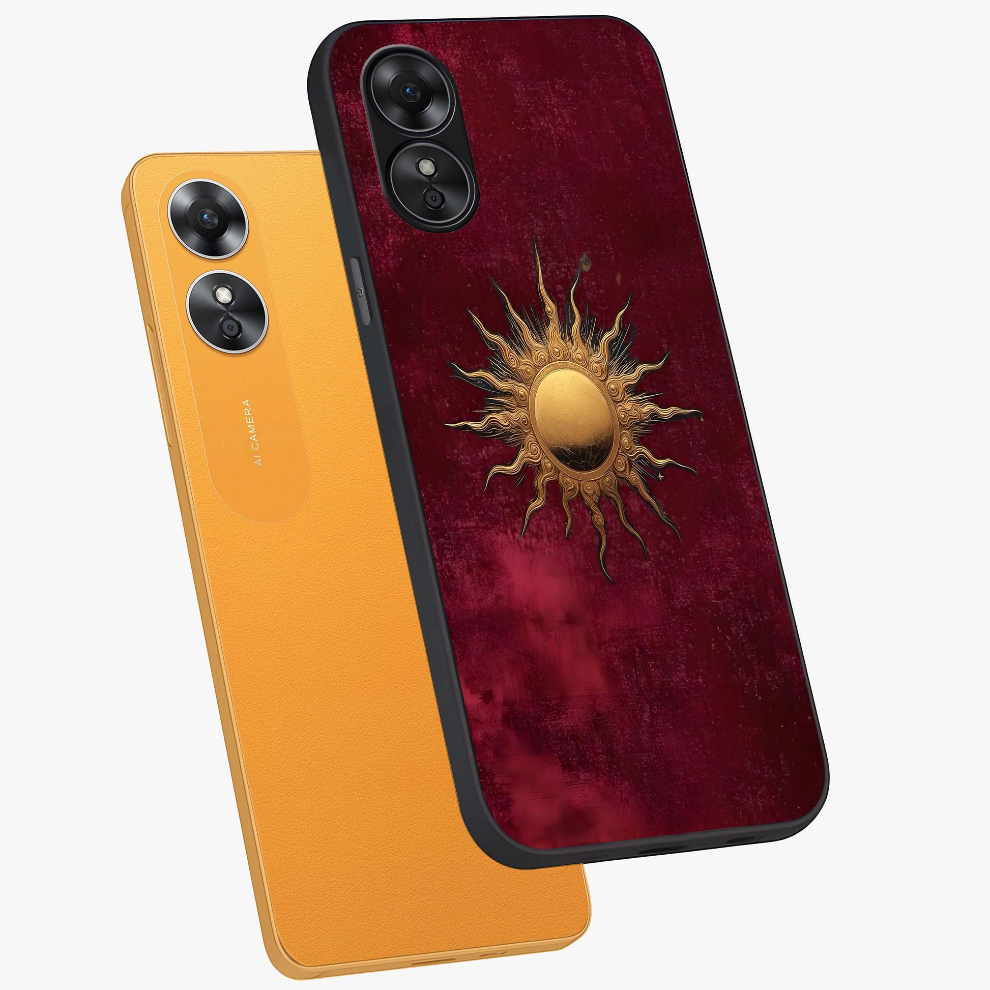 Golden Sun Minimalism Glass Case displayed in angled mockup highlighting clean sun symbol design with modern minimal aesthetic.