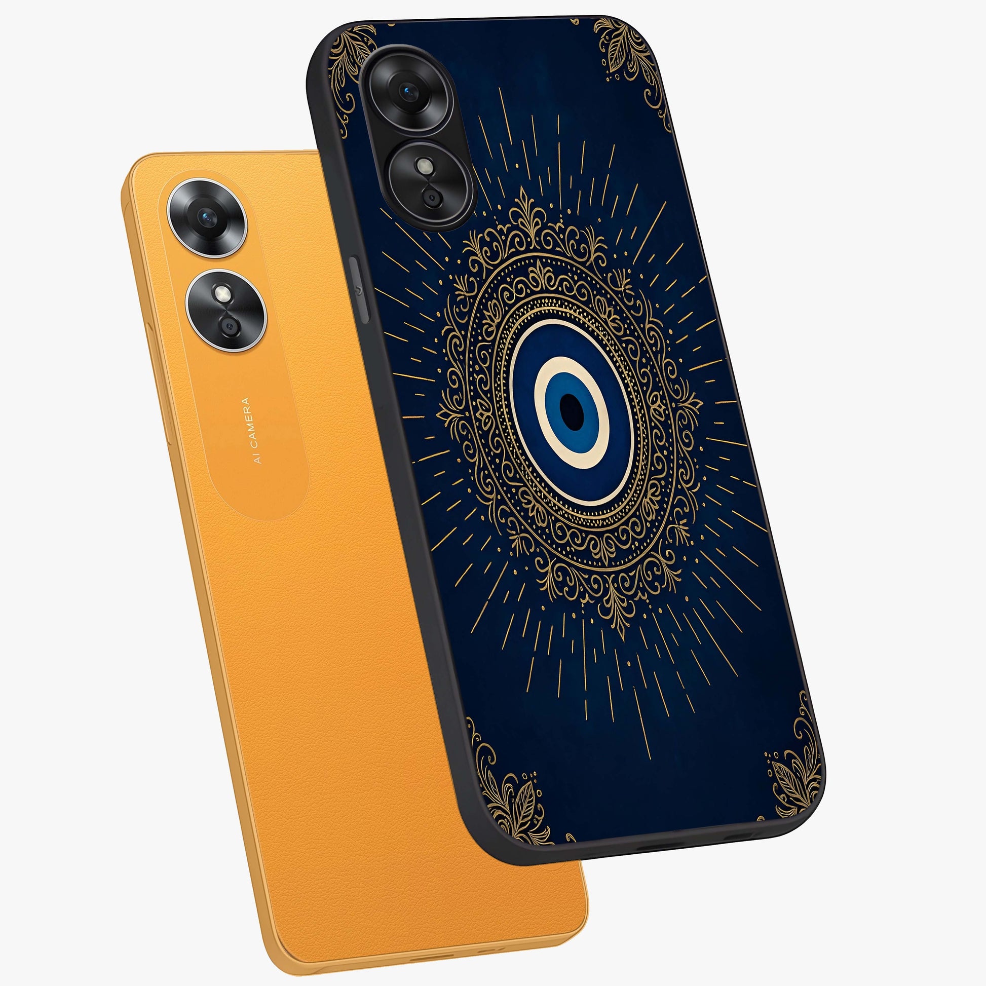 Golden Celestial Charm Glass Case displayed in angled mockup highlighting sparkling cosmic charm design with celestial aesthetic.