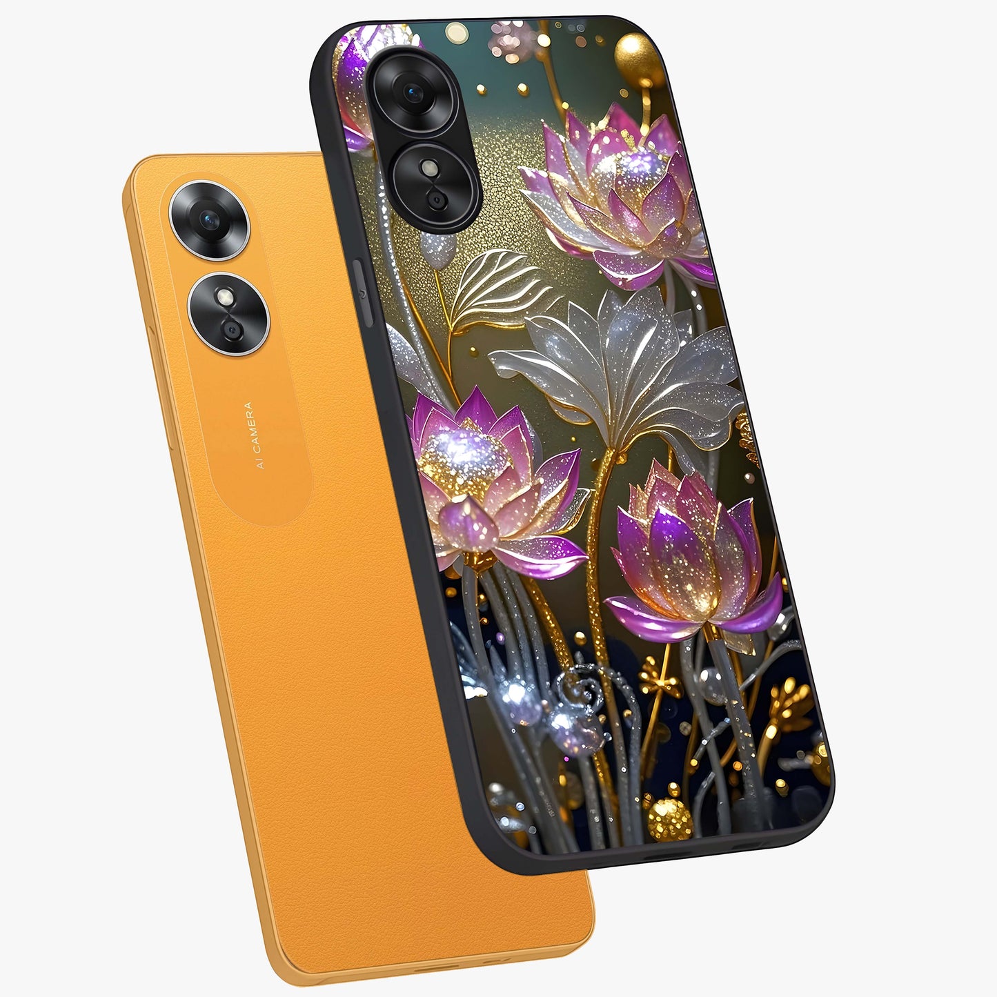 Golden Floral Majesty Glass Case displayed in angled mockup highlighting elegant flower design with royal golden aesthetic.