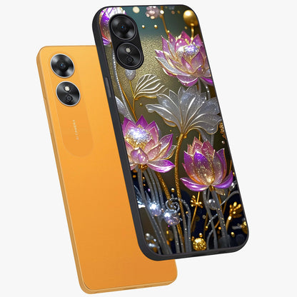Golden Floral Majesty Glass Case displayed in angled mockup highlighting elegant flower design with royal golden aesthetic.
