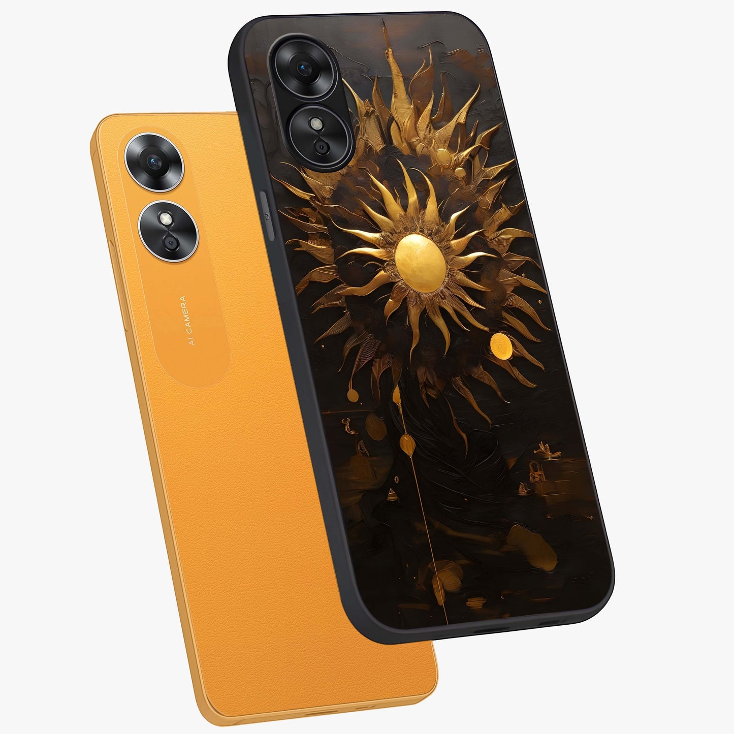 Golden Sun Majesty Glass Case displayed in angled mockup highlighting eerie shadow illustration with gothic aesthetic.