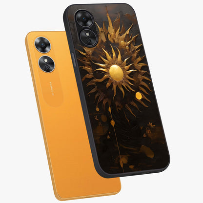 Golden Sun Majesty Glass Case displayed in angled mockup highlighting eerie shadow illustration with gothic aesthetic.