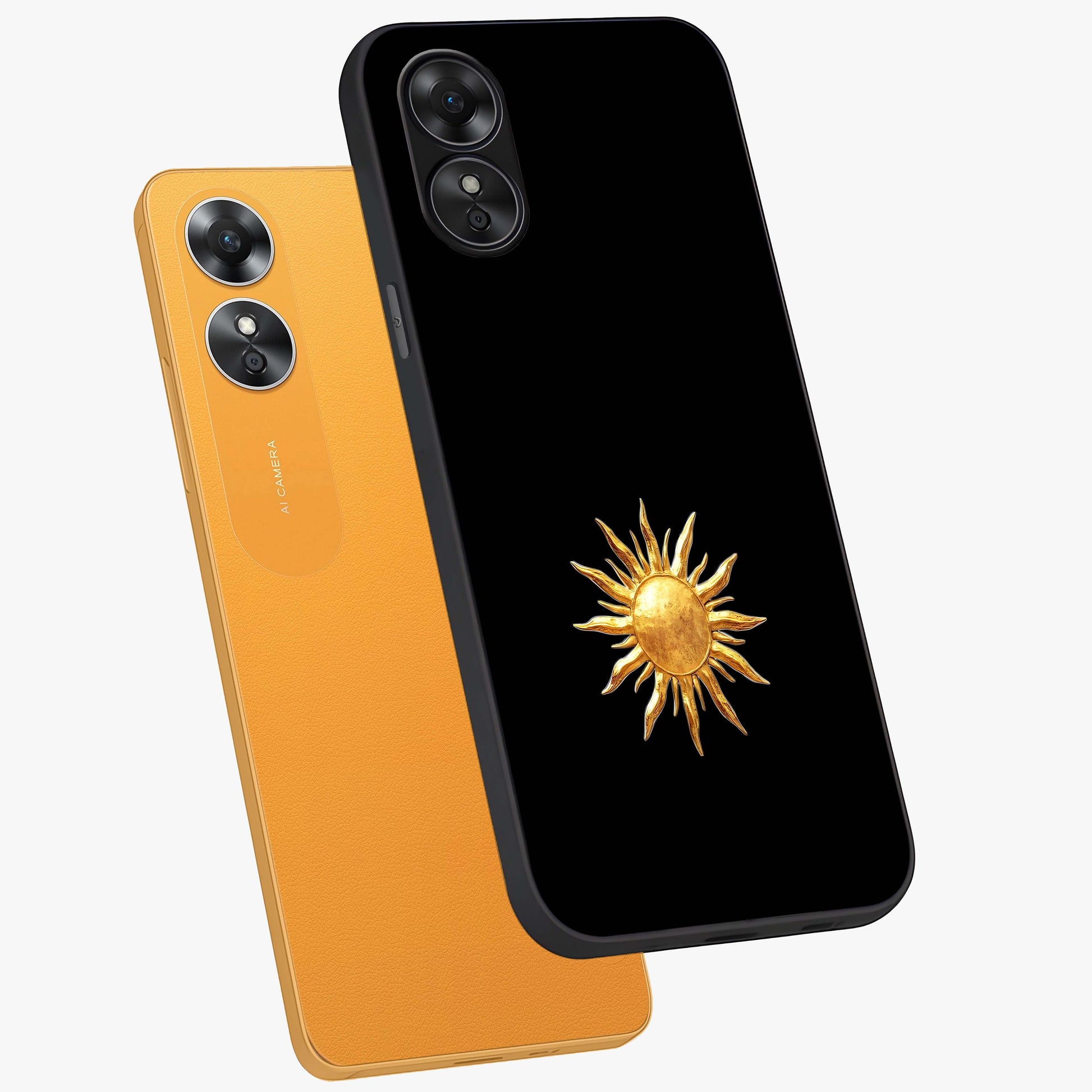 Golden Sun Minimalism Glass Case displayed in angled mockup highlighting eerie shadow illustration with gothic aesthetic.