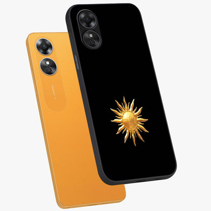 Golden Sun Minimalism Glass Case displayed in angled mockup highlighting eerie shadow illustration with gothic aesthetic.