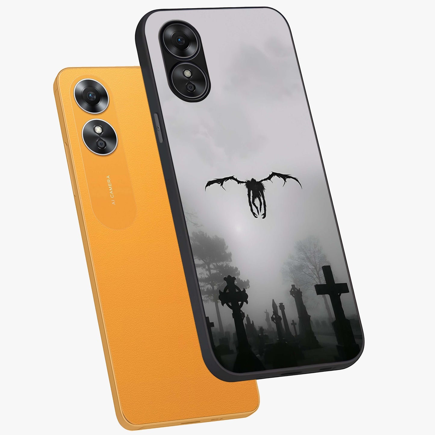 Graveyard Shadow Descent Glass Case displayed in angled mockup highlighting eerie shadow illustration with gothic aesthetic.