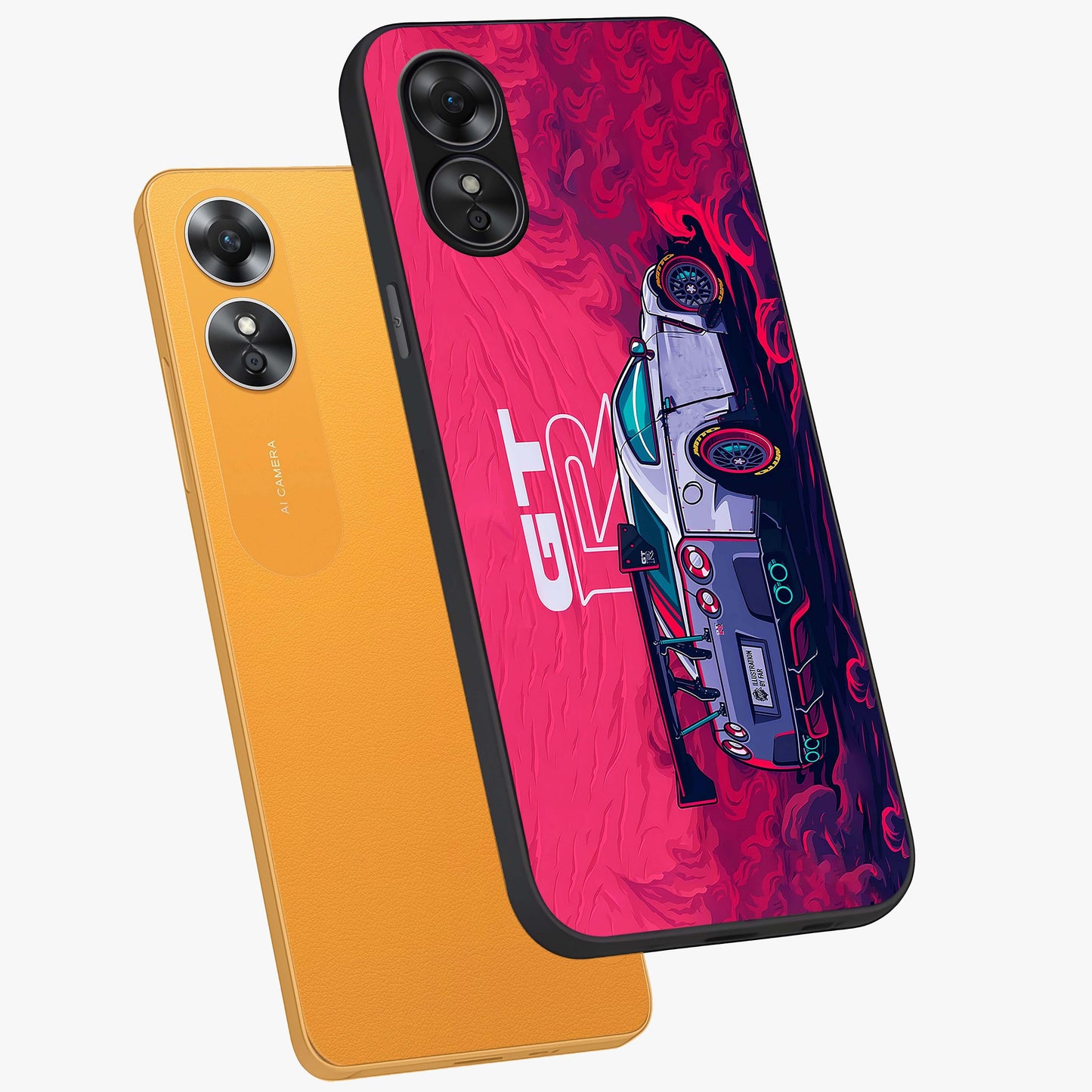 GT-R Car Pattern Glass Case displayed in angled mockup highlighting racing car graphic design with bold automotive aesthetic.
