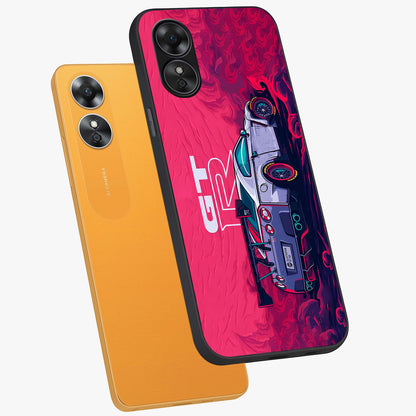 GT-R Car Pattern Glass Case displayed in angled mockup highlighting racing car graphic design with bold automotive aesthetic.