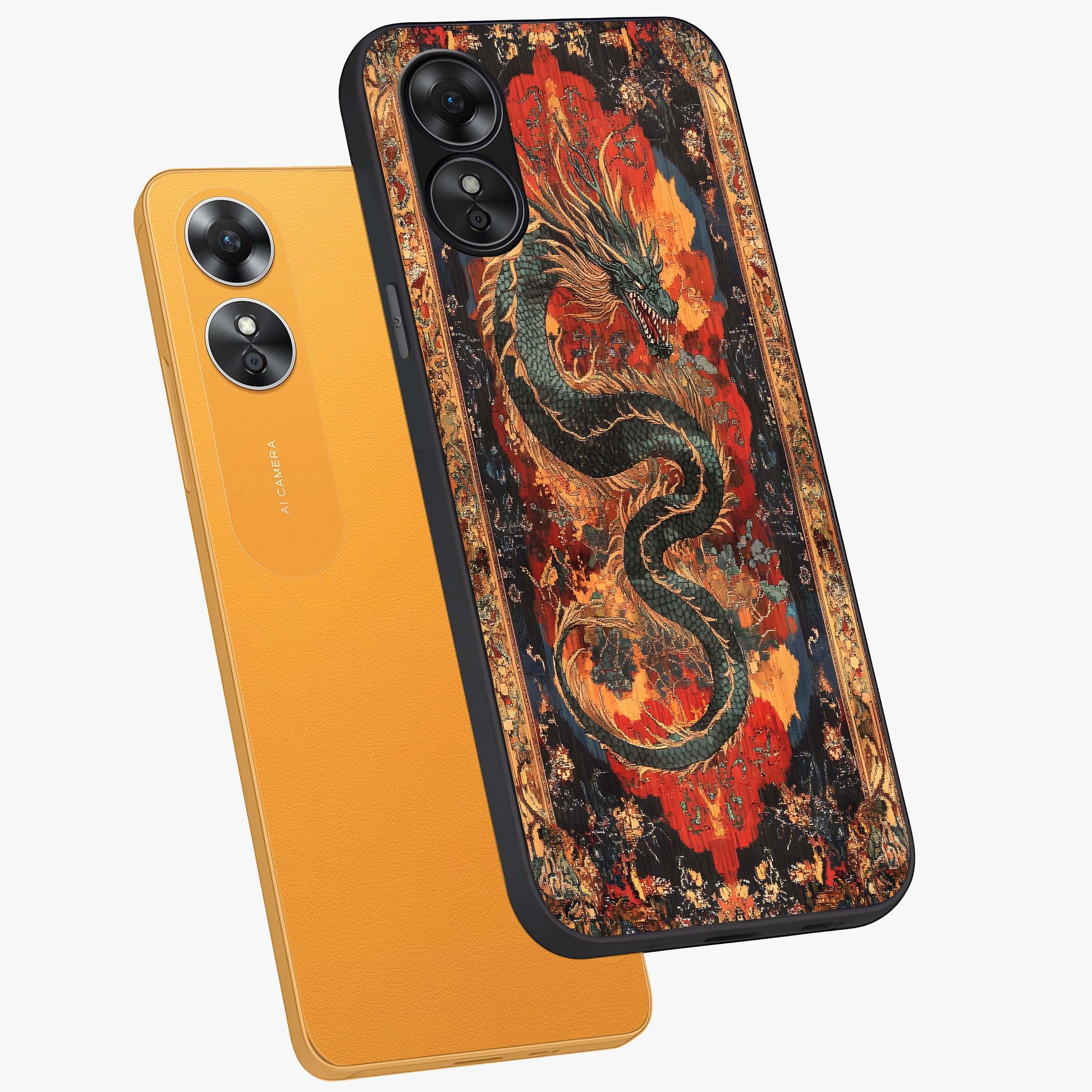 Inferno Dragon Soul Glass Case displayed in angled mockup highlighting powerful dragon illustration with inferno aesthetic.