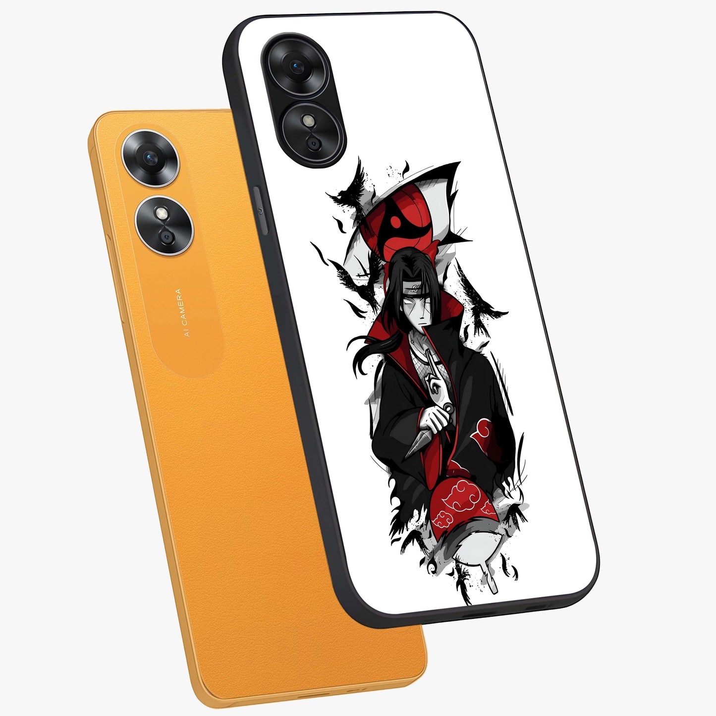 Itachi Limited Edition Naruto Anime Glass Case displayed in angled mockup highlighting dramatic anime illustration with bold action aesthetic.
