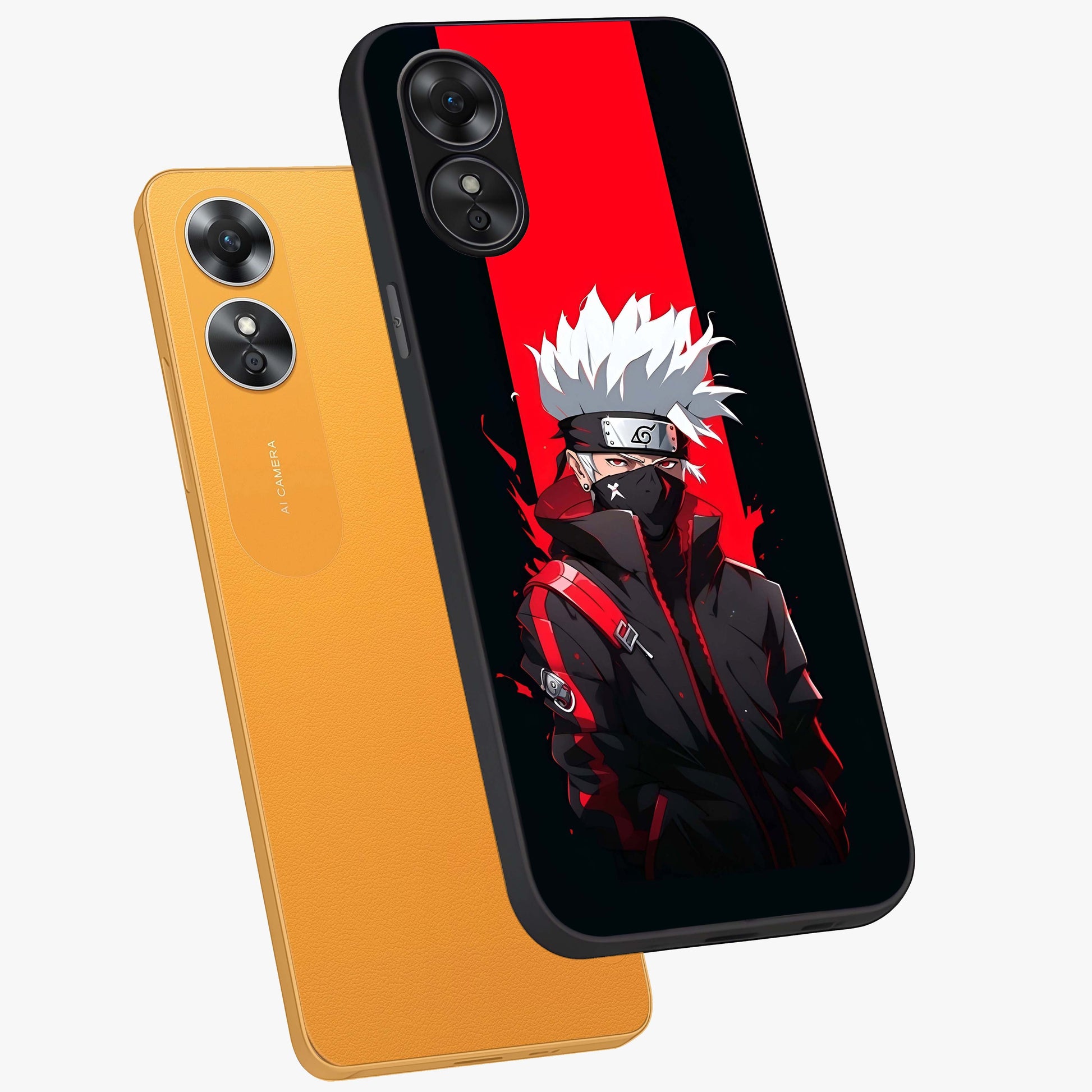 Kakashi Scarlet Shadow Glass Case displayed in angled mockup highlighting dramatic ninja illustration with scarlet themed aesthetic.