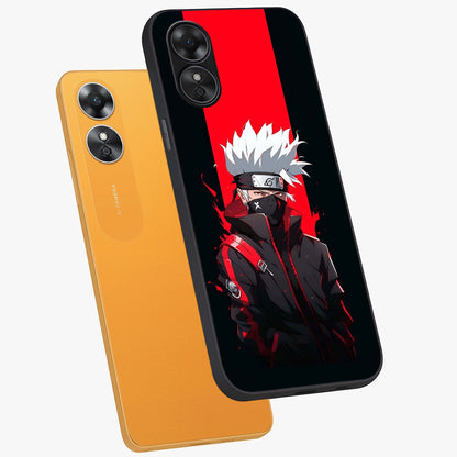 Kakashi Scarlet Shadow Glass Case displayed in angled mockup highlighting dramatic ninja illustration with scarlet themed aesthetic.