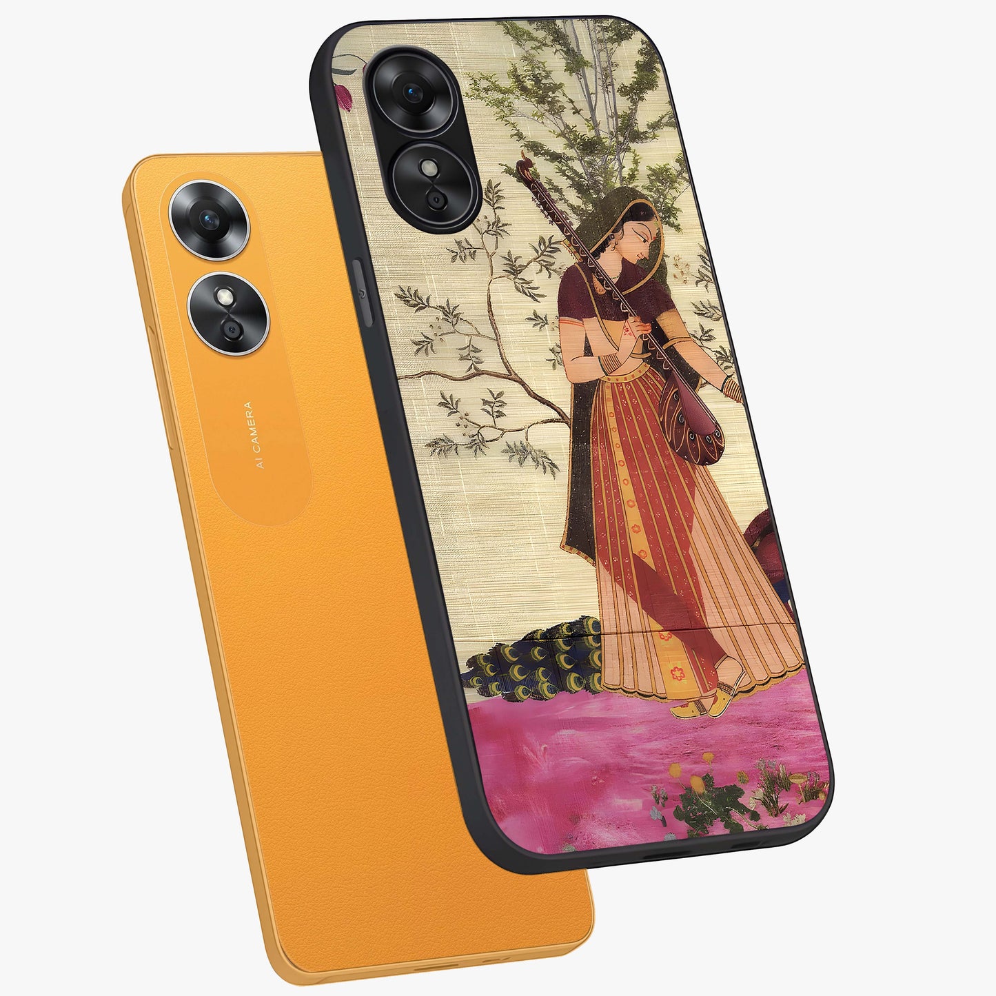 Lady With Veena Art Glass Case displayed in angled mockup highlighting graceful musical illustration with cultural artistic aesthetic.