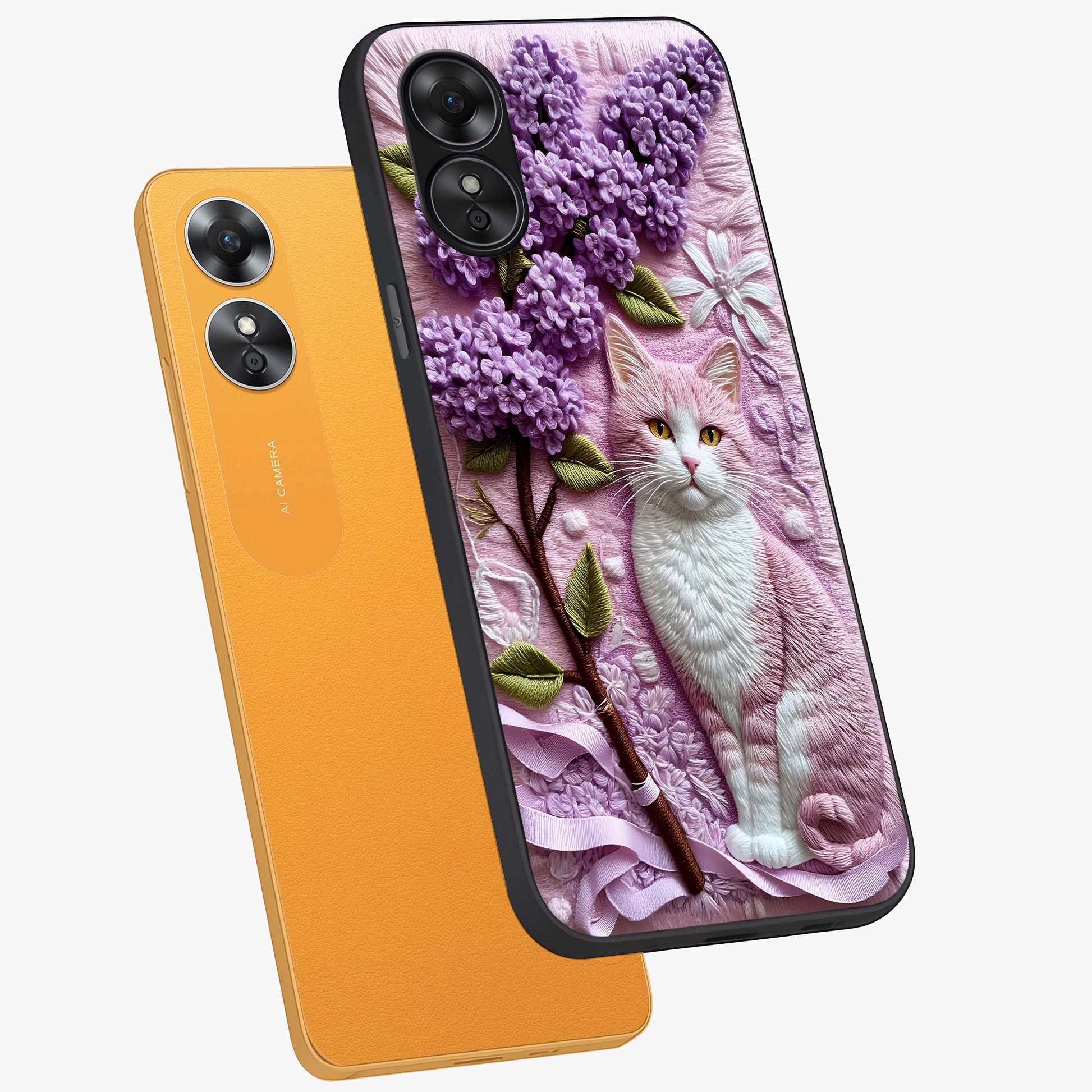 Lavender Cat Whimsy Glass Case displayed in angled mockup highlighting playful feline illustration with pastel lavender aesthetic.