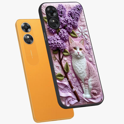 Lavender Cat Whimsy Glass Case displayed in angled mockup highlighting playful feline illustration with pastel lavender aesthetic.