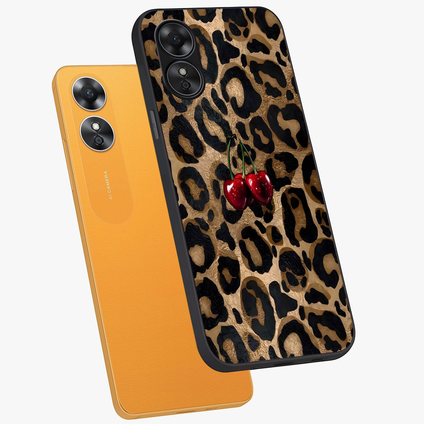 Leopard Wild Cherry Glass Case displayed in angled mockup highlighting bold animal print design with playful cherry aesthetic.