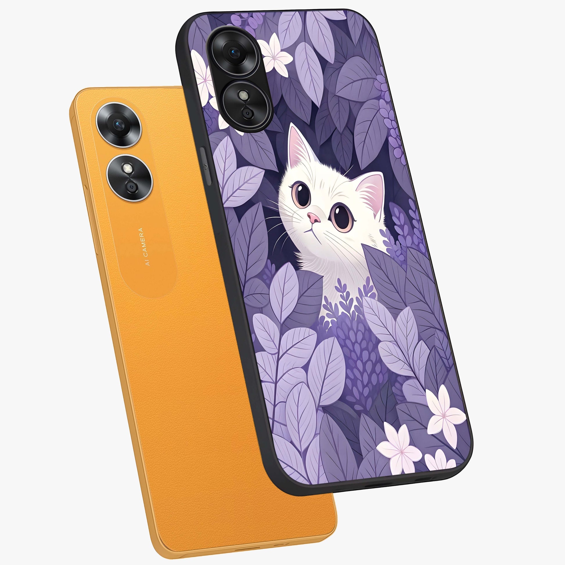 Lilac Hide Peek Cat Glass Case displayed in angled mockup highlighting playful feline illustration with lilac aesthetic design.