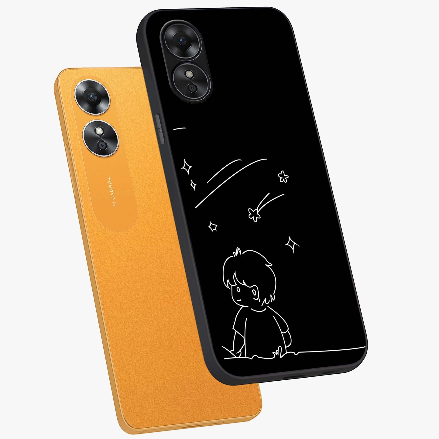 Line Art Boy With Shooting Stars Glass Case displayed in angled mockup highlighting elegant line art design with dreamy star aesthetic.