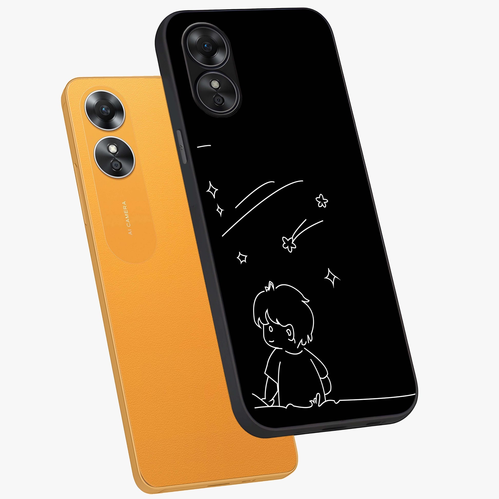 Line Art Boy With Shooting Stars Glass Case displayed in angled mockup highlighting elegant line art design with dreamy star aesthetic.