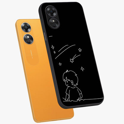 Line Art Boy With Shooting Stars Glass Case displayed in angled mockup highlighting elegant line art design with dreamy star aesthetic.