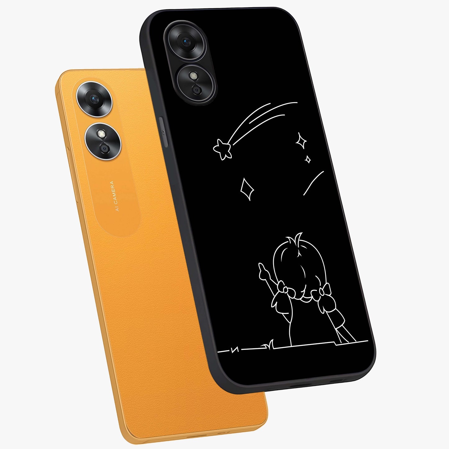 Line Art Girl With Shooting Stars Glass Case displayed in angled mockup highlighting elegant line art design with dreamy star aesthetic.