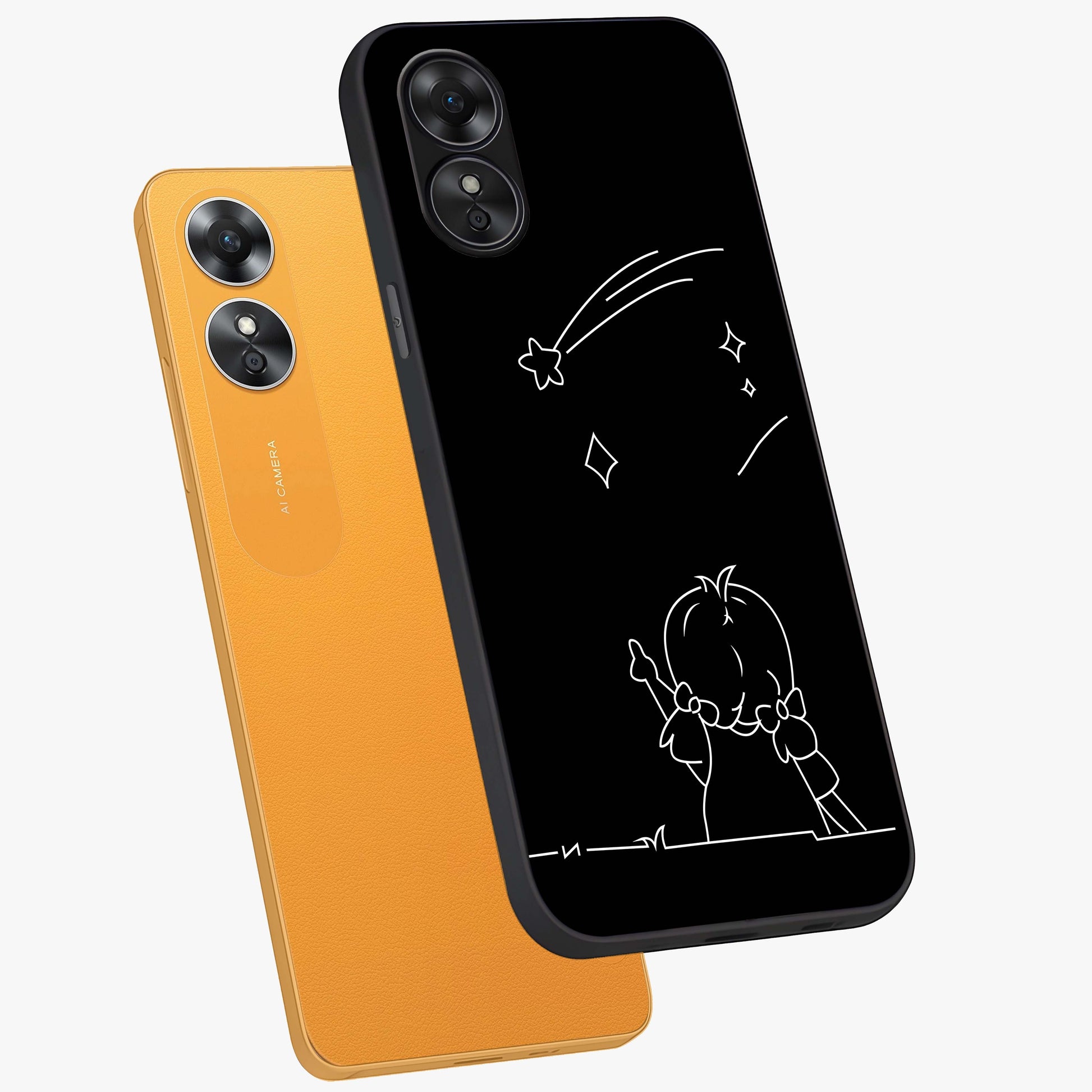 Line Art Girl With Shooting Stars Glass Case displayed in angled mockup highlighting elegant line art design with dreamy star aesthetic.