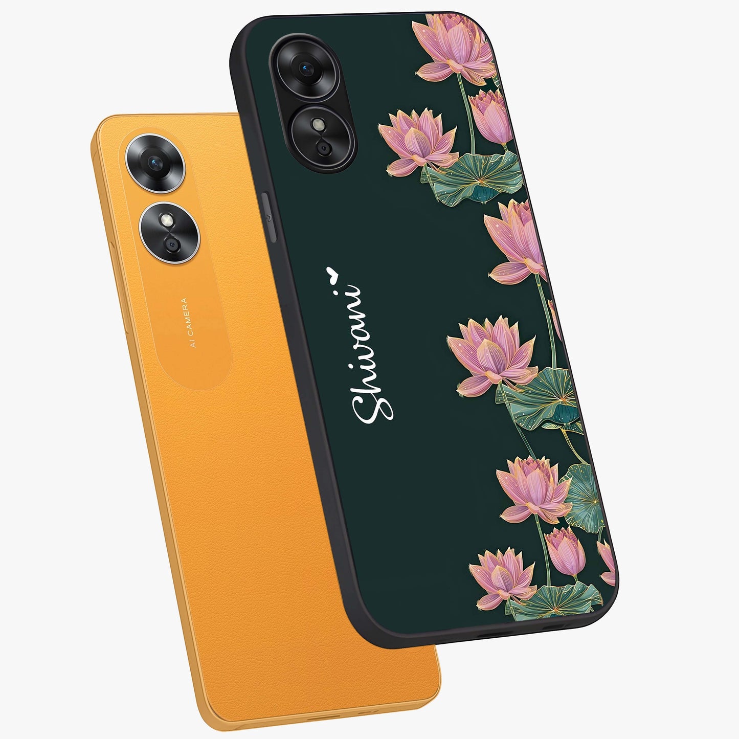 Lotus Bloom Serenity Custom Name Glass Case displayed in angled mockup highlighting graceful lotus illustration with custom name feature.