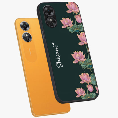 Lotus Bloom Serenity Custom Name Glass Case displayed in angled mockup highlighting graceful lotus illustration with custom name feature.