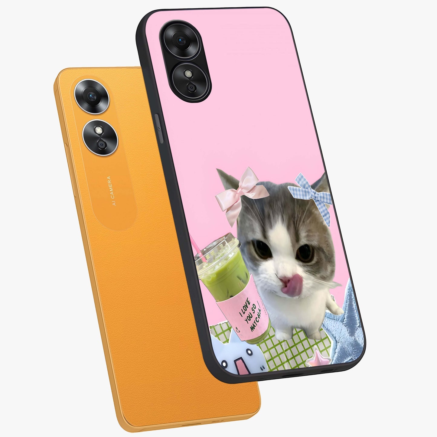 Love Matcha Cat Glass Case displayed in angled mockup highlighting playful feline illustration with cozy matcha aesthetic.