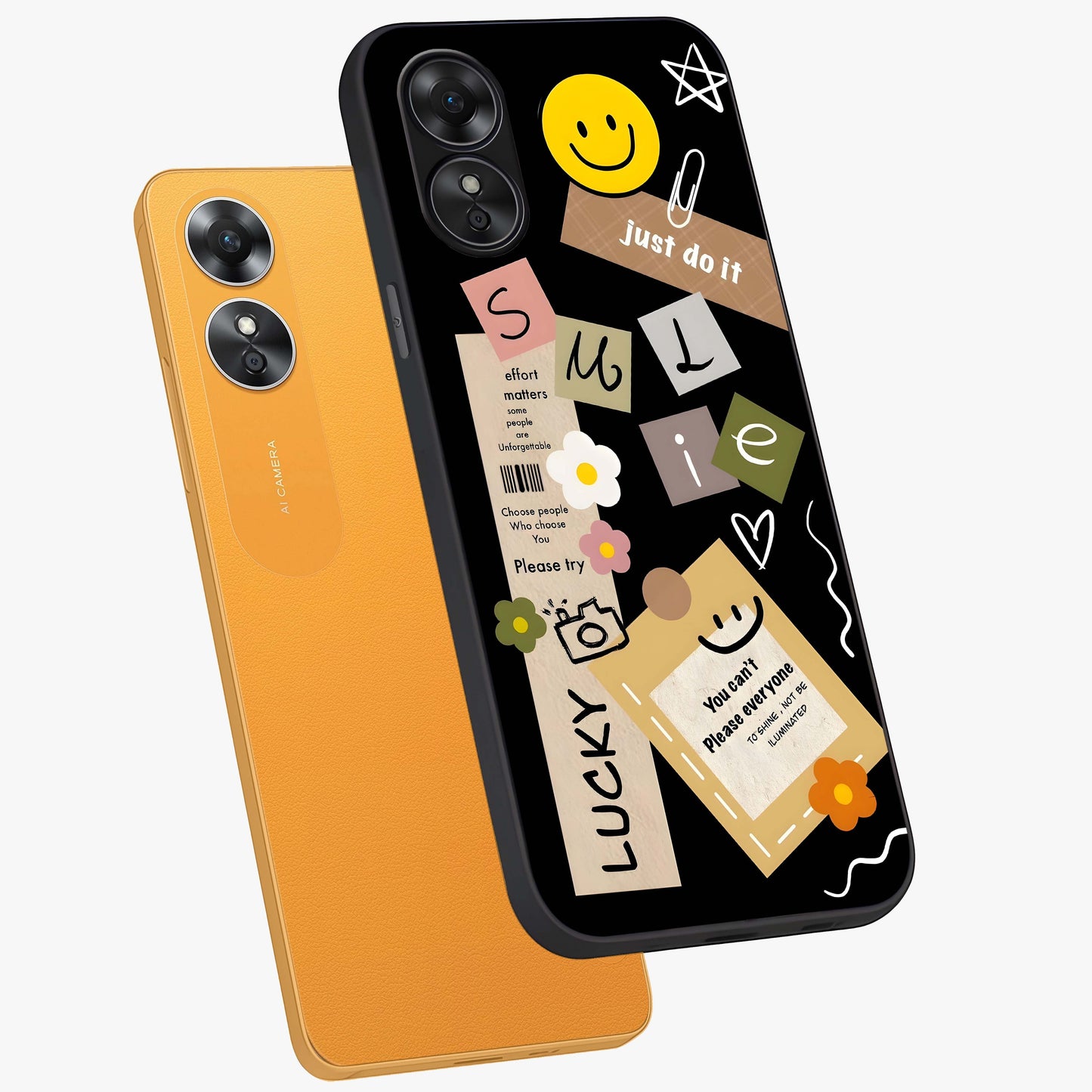 Lucky Aesthetic Collage Glass Case displayed in angled mockup highlighting stylish collage pattern with modern aesthetic vibe.