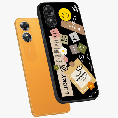 Lucky Aesthetic Collage Glass Case displayed in angled mockup highlighting stylish collage pattern with modern aesthetic vibe.