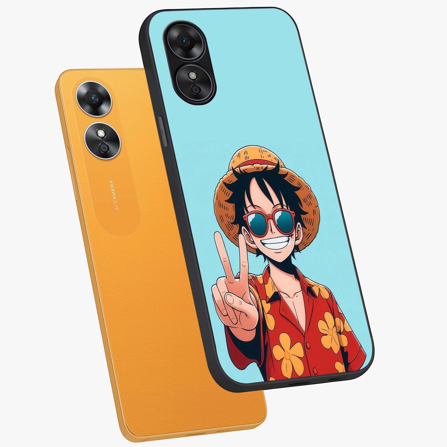 Luffy Summer Anime Vibe Glass Case displayed in angled mockup highlighting energetic anime illustration with summer vibe aesthetic.