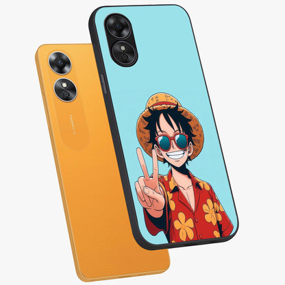Luffy Summer Anime Vibe Glass Case displayed in angled mockup highlighting energetic anime illustration with summer vibe aesthetic.