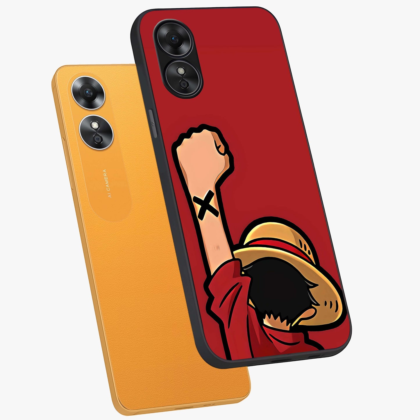 Luffy X Spirit Glass Case displayed in angled mockup highlighting powerful anime design with energetic action aesthetic.