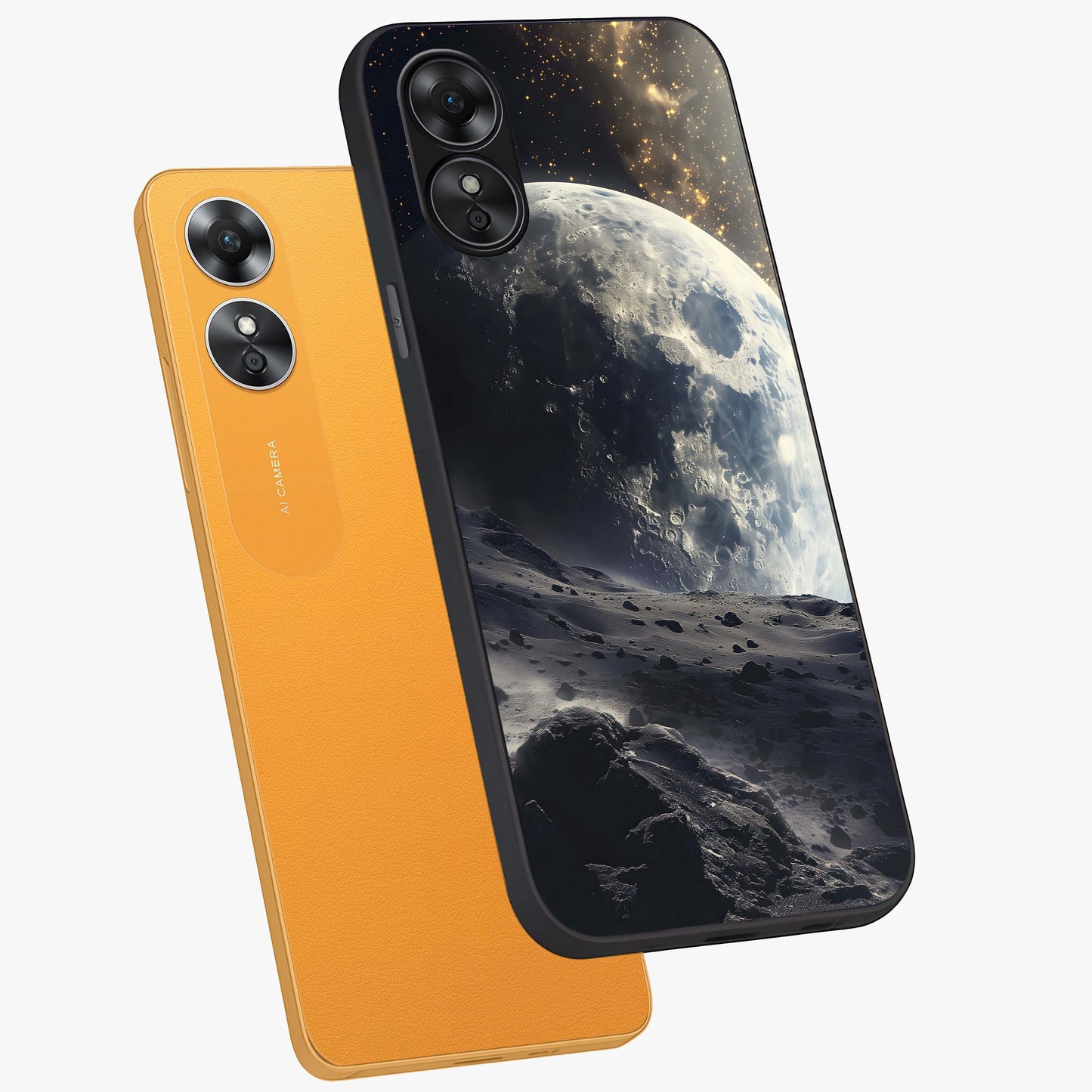 Lunar Horizon Glow Glass Case displayed in angled mockup highlighting celestial moon design with dreamy night aesthetic.