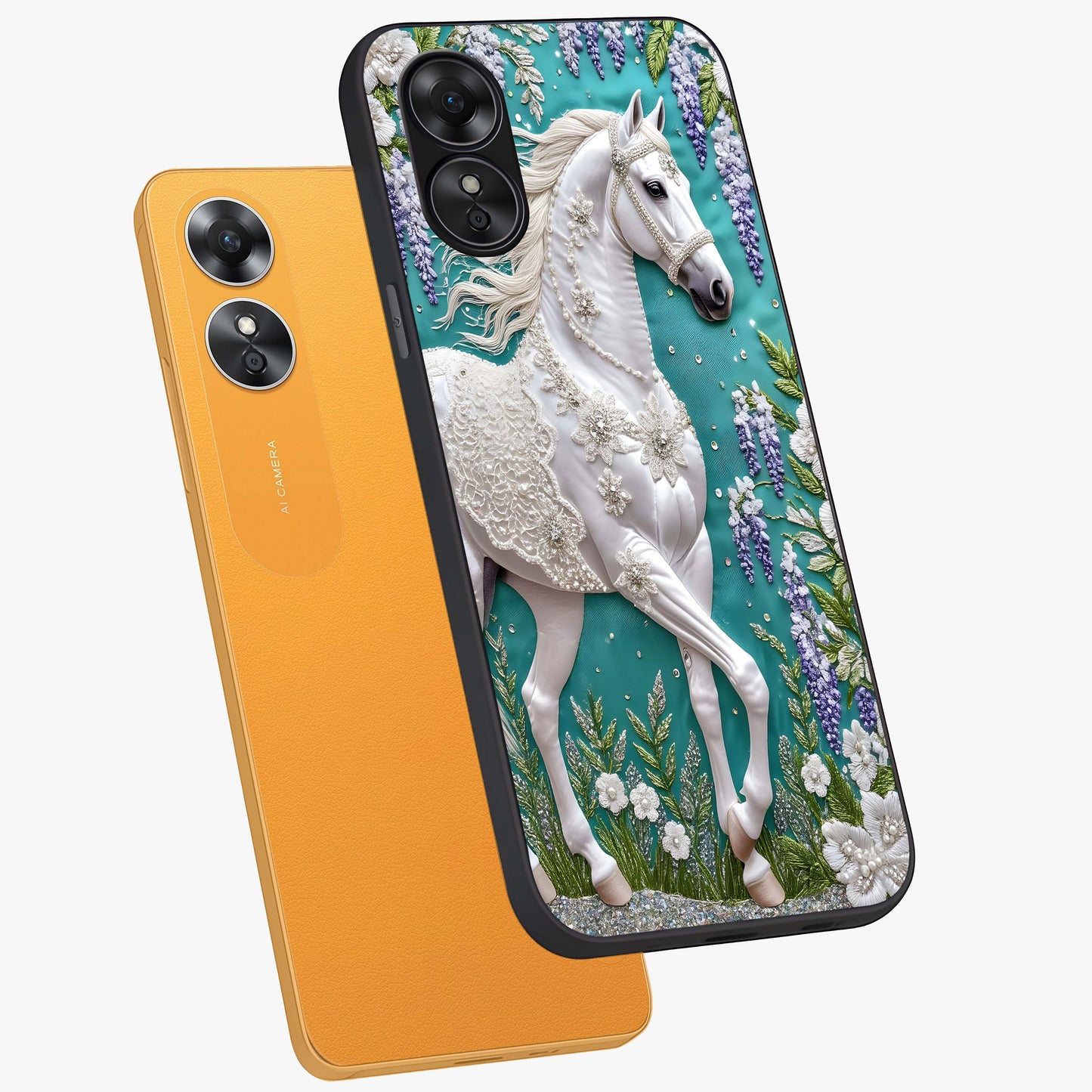 Majestic Floral Stallion Glass Case displayed in angled mockup highlighting majestic stallion illustration with elegant floral aesthetic.