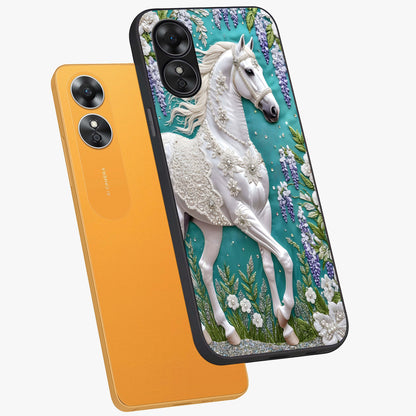 Majestic Floral Stallion Glass Case displayed in angled mockup highlighting majestic stallion illustration with elegant floral aesthetic.