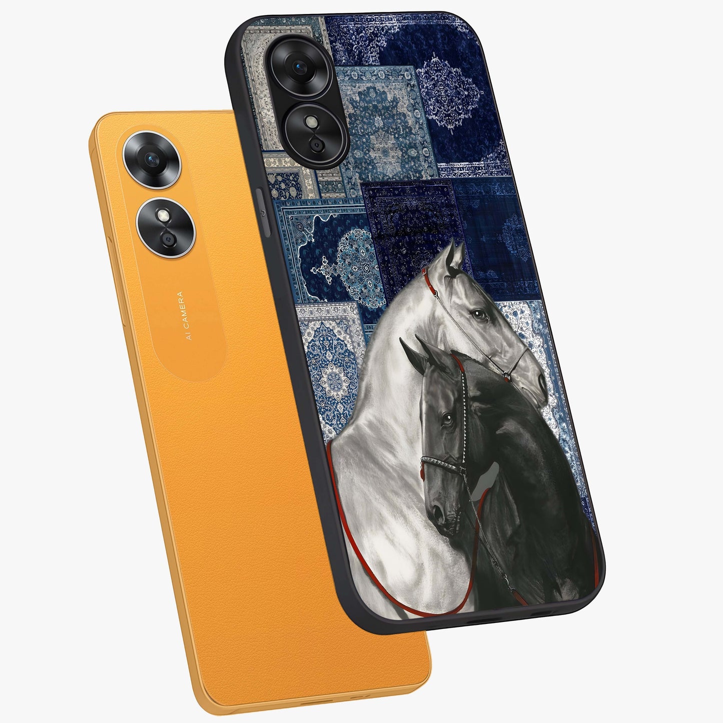 Midnight Stallion Blues Glass Case displayed in angled mockup highlighting powerful stallion illustration with deep midnight tones.