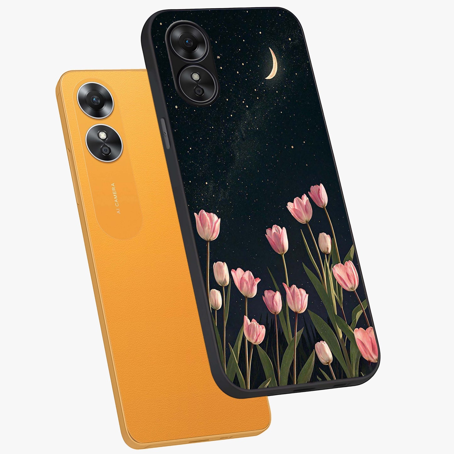 Midnight Tulip Whispers Vibe Glass Case displayed in angled mockup highlighting delicate tulip design with midnight floral aesthetic.