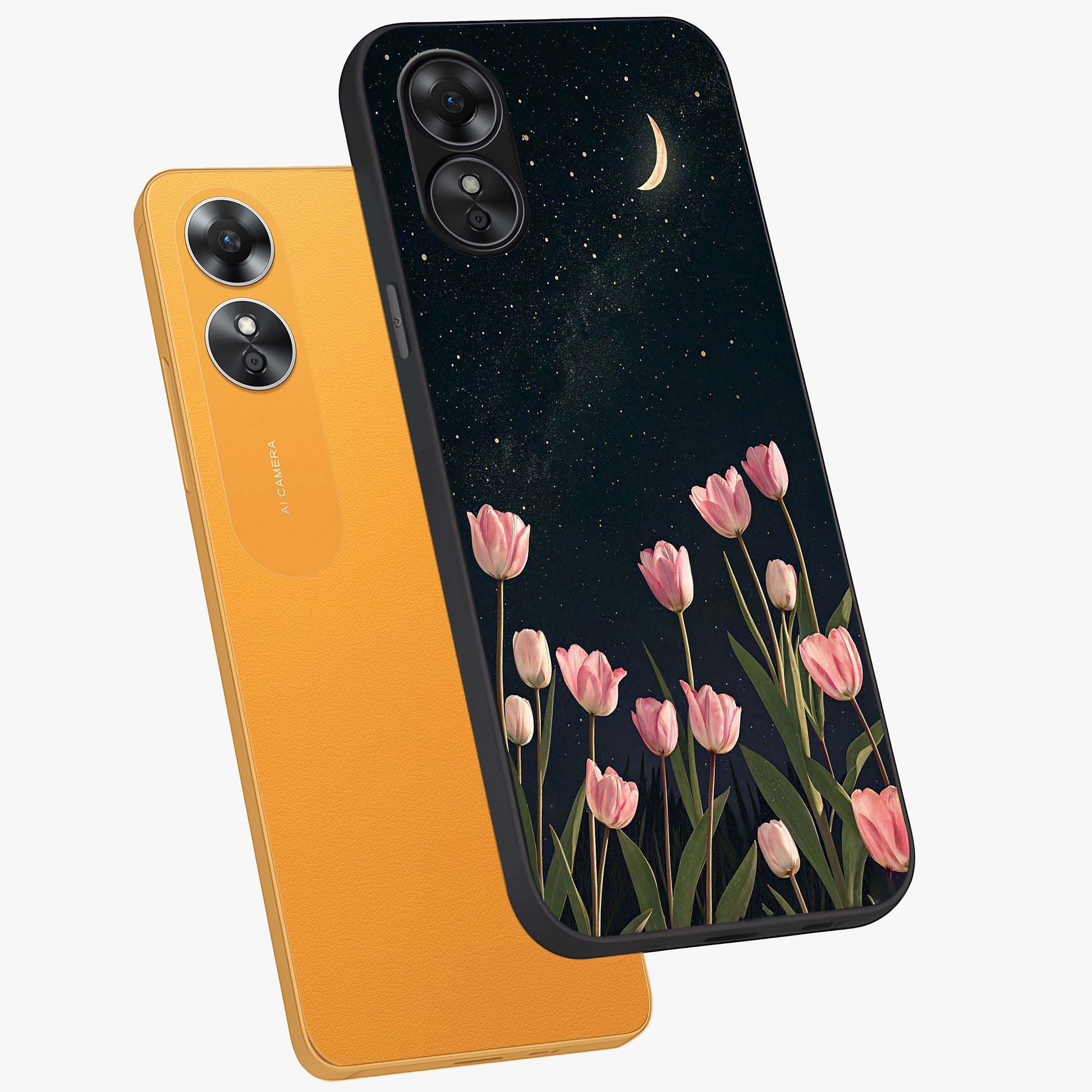 Midnight Tulip Whispers Vibe Glass Case displayed in angled mockup highlighting delicate tulip design with midnight floral aesthetic.