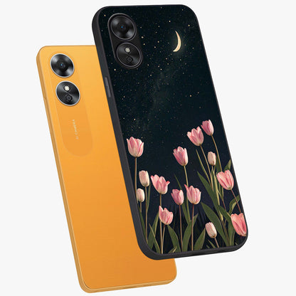 Midnight Tulip Whispers Vibe Glass Case displayed in angled mockup highlighting delicate tulip design with midnight floral aesthetic.