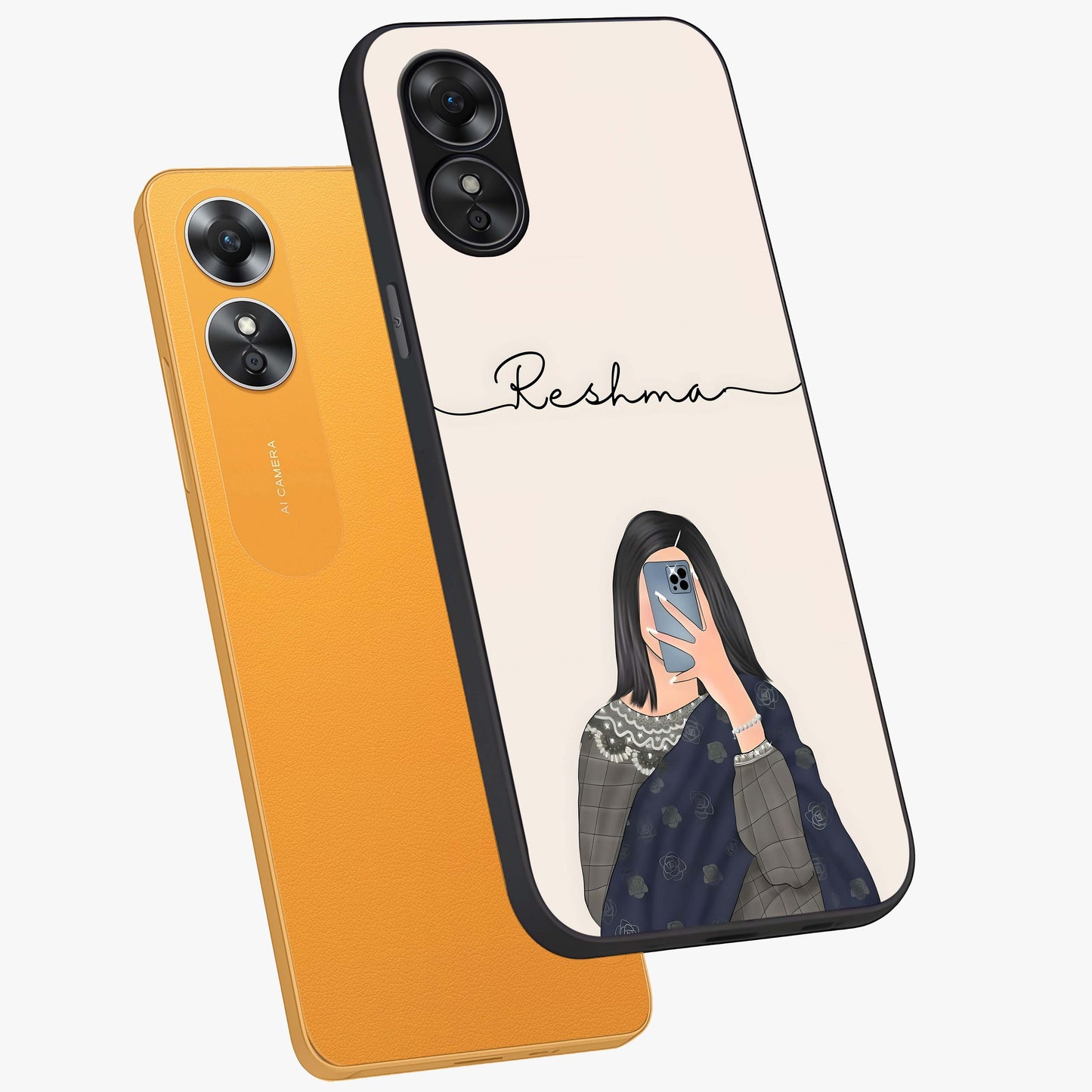 Mirror Mood Muse With Custom Name Glass Case displayed in angled mockup highlighting aesthetic mirror inspired design with custom name feature.