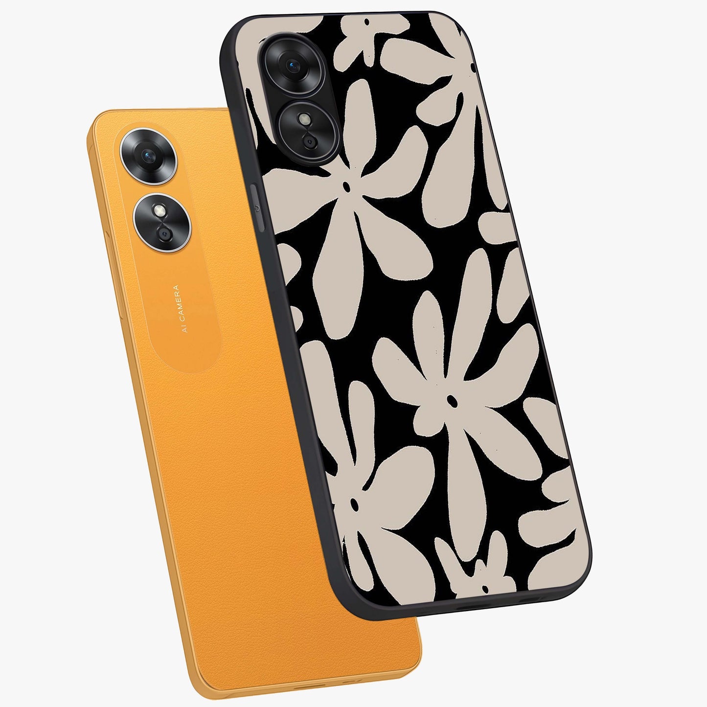 Monochrome Petal Dance Glass Case displayed in angled mockup highlighting elegant petal design with black and white aesthetic.
